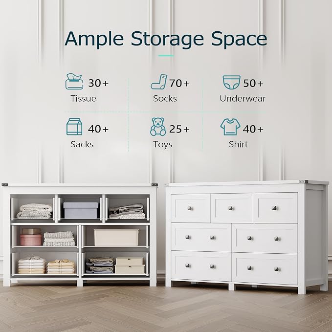 Dresser for Bedroom with 7 Drawers, Farmhouse Wood Chest of Drawers, Wide TV - Image 4