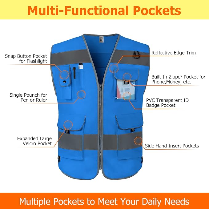 TCCFCCT Reflective Vest 9 Pockets High Visibility Safety Vest - Image 3