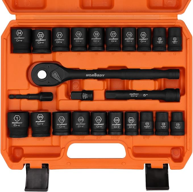HORUSDY 1/2" Drive Shallow Impact Socket Set, 24-Piece SAE and Metric, 6 Point by HORUSDY