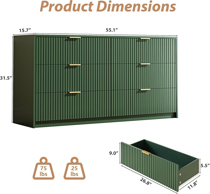 Green 6 Drawer Dresser for Bedroom, Fluted Wood TV Stand for Living Room - Image 2