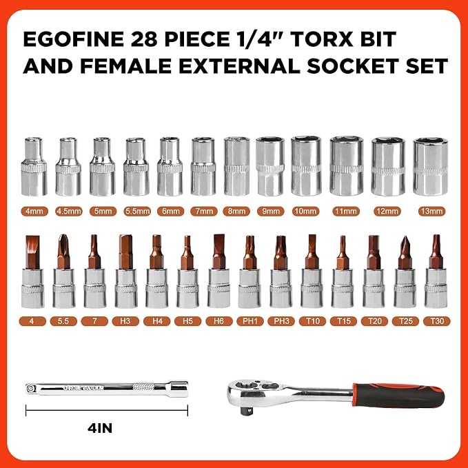 Egofine 28pcs 1/4 Inch Ratchet Socket Wrench Set, Drive Socket Set - Image 2