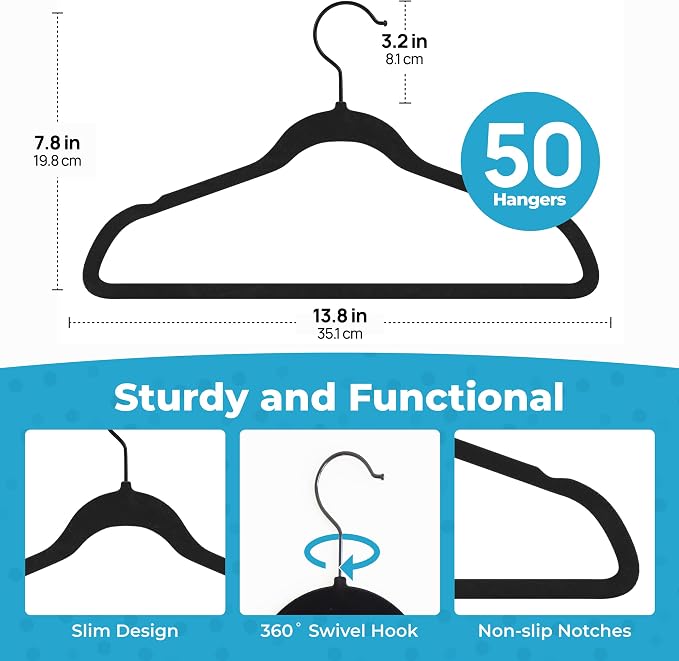 Fontaines Luxury Kid's Black Velvet Felt Non Slip Clothes Hangers 50 Pack - Image 3