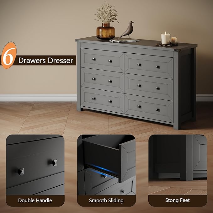 Dresser for Bedroom with 6 Drawers, Farmhouse Wood Chest of Drawers, Wide TV - Image 5