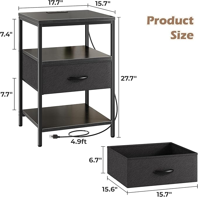 SUPERJARE Night Stand with Charger Station, 27.7 Inch Tall Nightstand with - Image 3