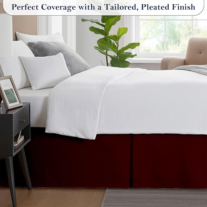 Full Bed Skirt, Luxury 12 Inch Drop Burgundy Pleated Bed Skirt, Double Brushed - Image 4
