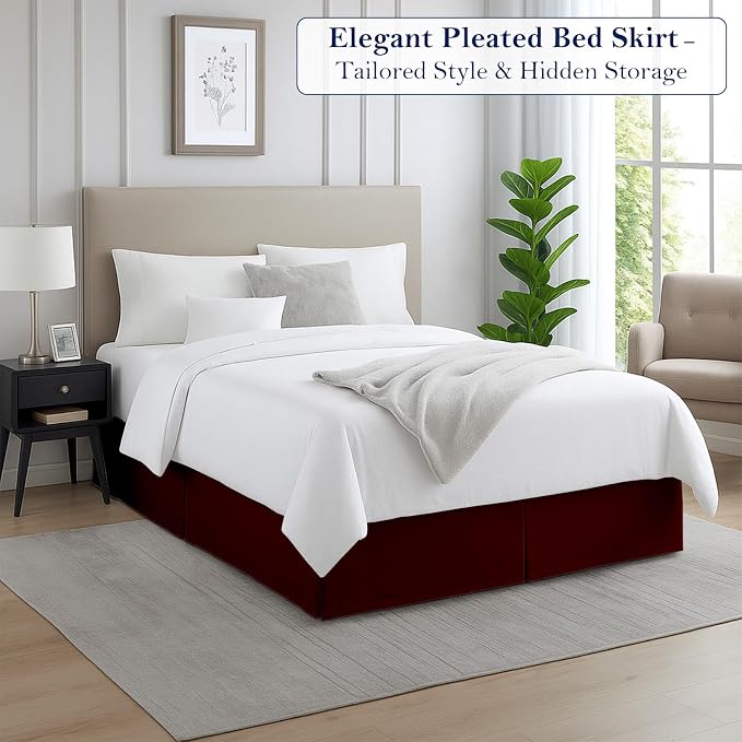 Full Bed Skirt, Luxury 12 Inch Drop Burgundy Pleated Bed Skirt, Double Brushed - Image 2