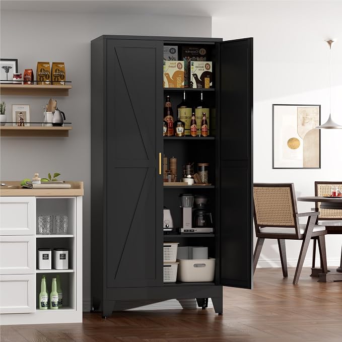 Farmhouse Pantry Cabinet with Barn Doors, 5-Tier Metal Storage Cabinet with 4 - Image 4