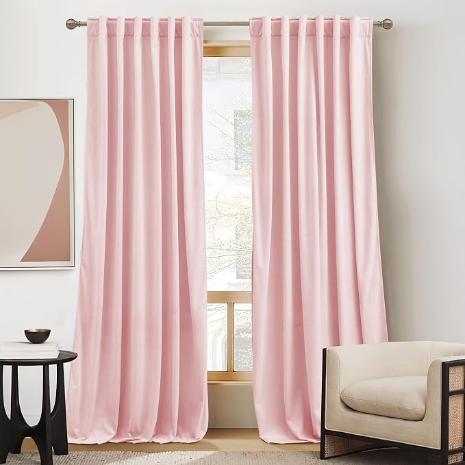RYB HOME Baby Pink Velvet Curtains 102 inches, Back Tab Soft Fabric Room by RYBHOME