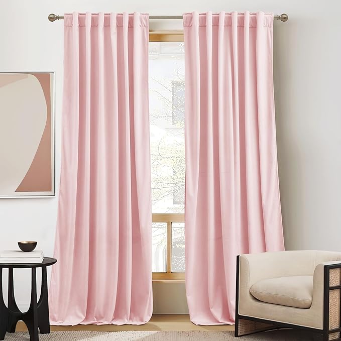 RYB HOME Baby Pink Velvet Curtains 90 inches, Back Tab Soft Fabric Room by RYBHOME