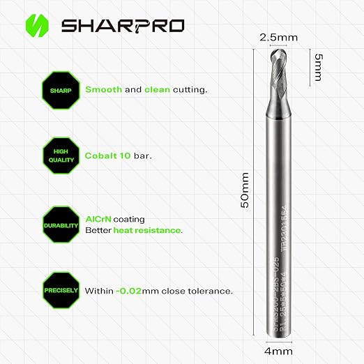 Carbide Ball Nose End Mills Set 2 Flute 4mm SHK. 2.5mm Cutting Dia. 3D Carving - Image 2
