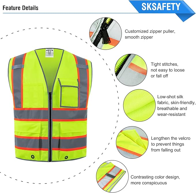 SKSAFETY 10 Pockets Safety Vest, Class 2 High Visibility Security - Image 5