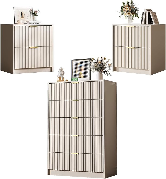 3-Piece Dresser Bedroom Set, 5 Drawer Dresser & 2 Drawer Nightstands by MAISONARIA
