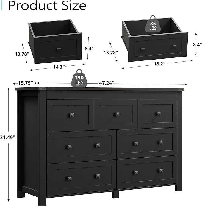 7 Drawer Dresser for Bedroom, Farmhouse Wood Chest of Drawers, Wide TV Stand - Image 3