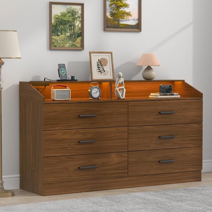 6 Drawer Dresser with Power Outlet, Chest of Drawers with LED Light, Modern by Gyfimoie