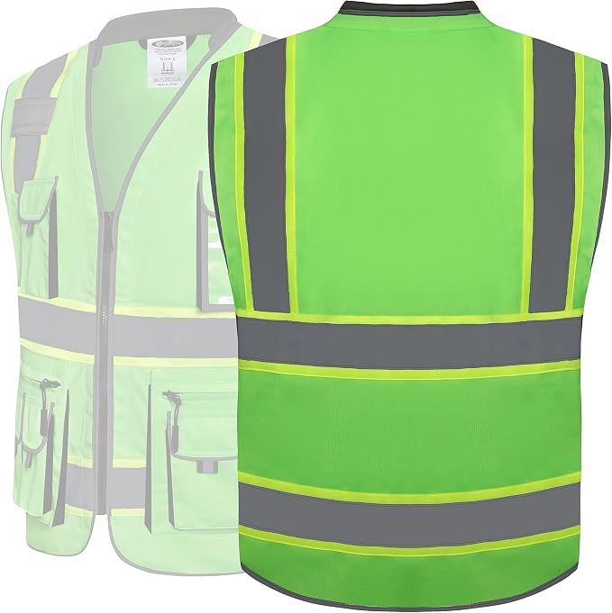 JKSafety 10 Pockets Hi-Vis Zipper Front Fluorescent Green Safety Vest | - Image 5