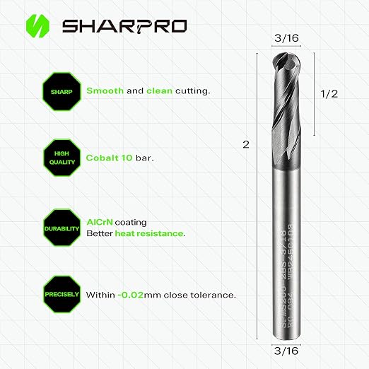 Carbide Ball Nose End Mills 2 Flute 3/16 Inch SHK. and Cutting Dia. 3D Carving - Image 2