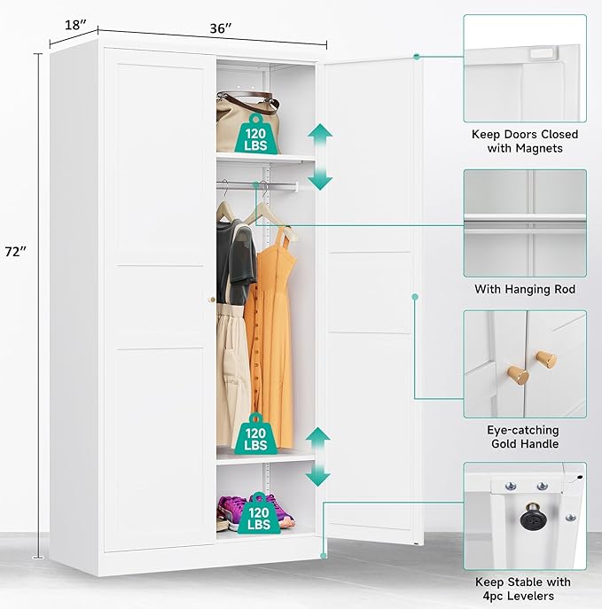 Metal Wardrobe Cabinet with Hanging Rod, Metal Clothing Storage Cabinet with - Image 6
