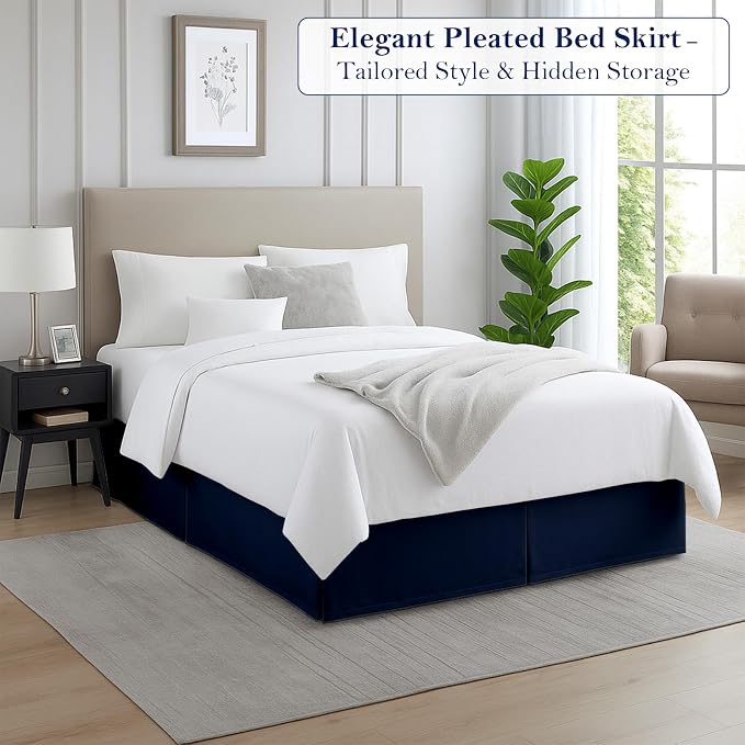 Queen Bed Skirt, Luxury 18 Inch Drop Navy Blue Pleated Bed Skirt, Double - Image 2