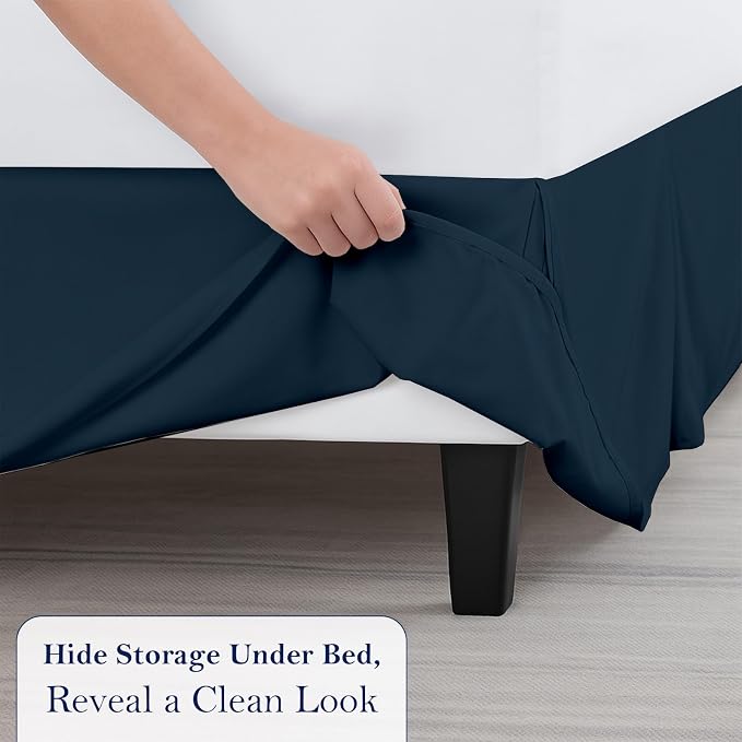 Queen Bed Skirt, Luxury 18 Inch Drop Navy Blue Pleated Bed Skirt, Double - Image 5