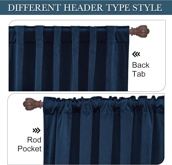 RYB HOME Navy Velvet Curtains 92 inches, Back Tab Soft Fabric Room Darkening - Image 3