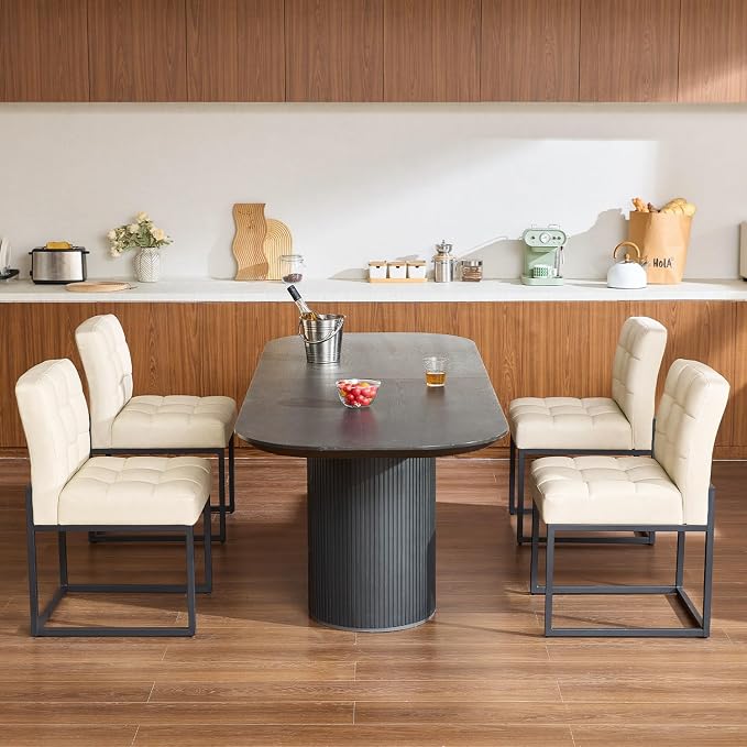 Beige Faux Leather Dining Chairs Set of 4, Mid-Century Modern Dining Room Chairs - Image 3