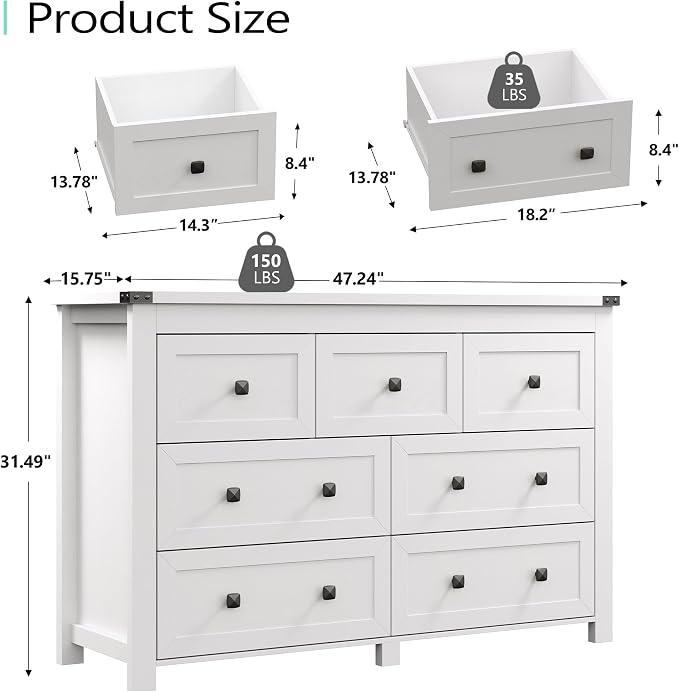 Dresser for Bedroom with 7 Drawers, Farmhouse Wood Chest of Drawers, Wide TV - Image 3