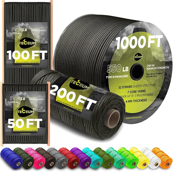 TECEUM 5/32" Paracord Rope 1000 – 1000ft / 200ft / 100ft / 50ft – Tactical by TECEUM