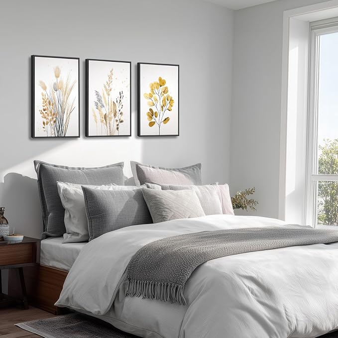 YCJKJDZ Framed Beige Botanical Canvas Wall Art Set of 3, Boho Watercolor - Image 4