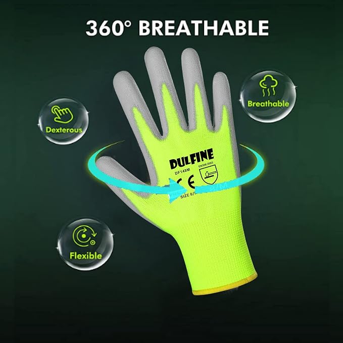 DULFINE Safety Work Gloves for Men PU Coated 12 Pairs Bulk Pack, Hi-Vis Yellow - Image 2