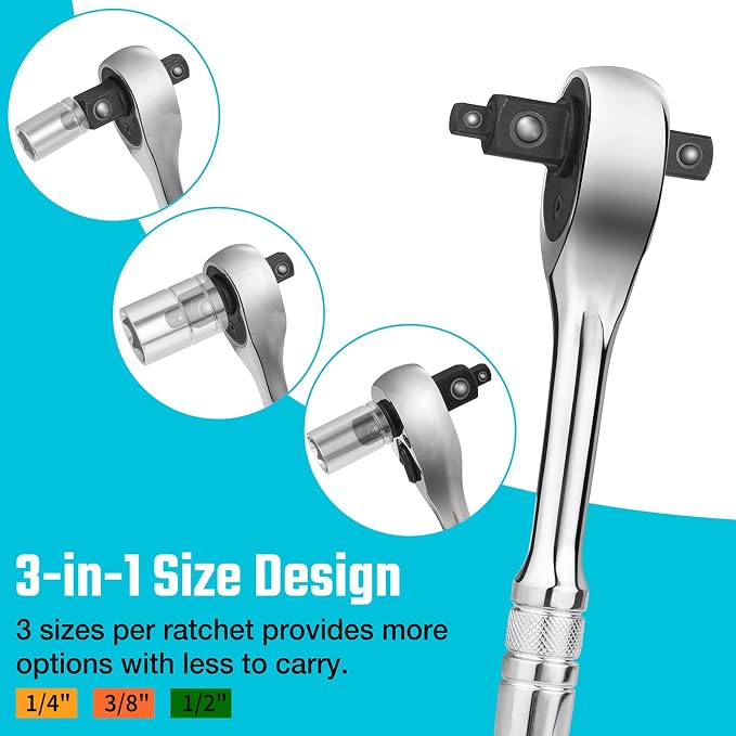 DURATECH 3-IN-1 Ratchet Handle, 1/4 ", 3/8 ", 1/2" Drive Ratchet Wrench - Image 2