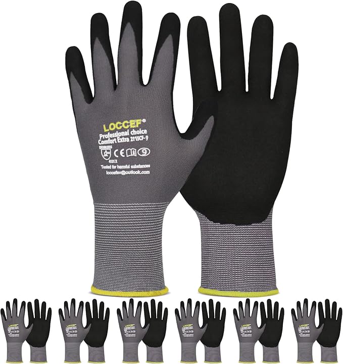 Work Gloves MicroFoam Nitrile Coated-6 Pairs, Seamless Knit Nylon Gloves by LOCCEF