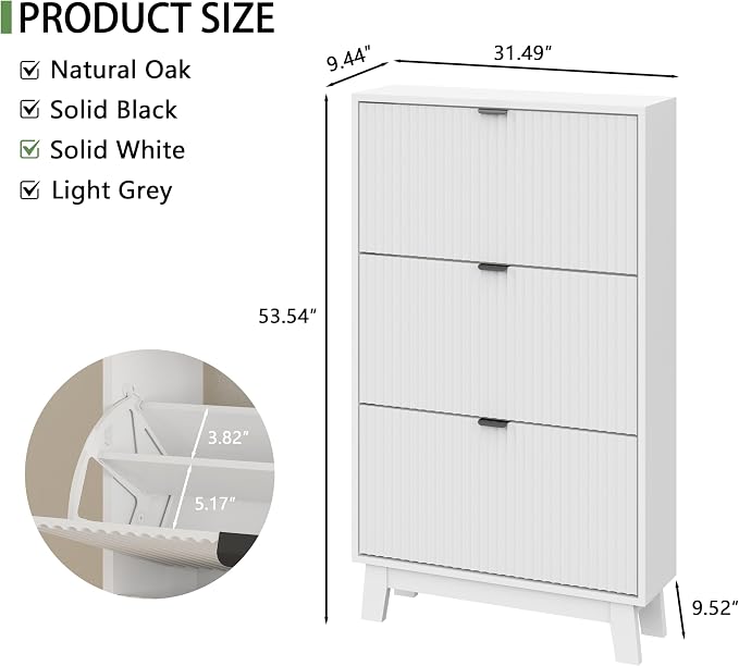 Shoe Cabinet with 3 Flip Drawers, Hidden Slim Wooden Shoe Rack Cabinet - Image 2