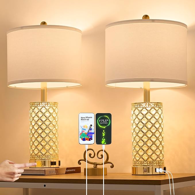 Crystal Table Lamp Set of 2-24in Gold Bedroom Lamps 3-Way Dimmable Touch Lamp - Image 7