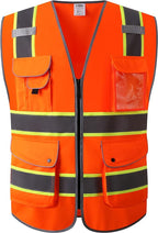 JKSafety 9 Pockets Hi-Vis Neon Orange Color Zipper Front Safety Vest by JKSafety