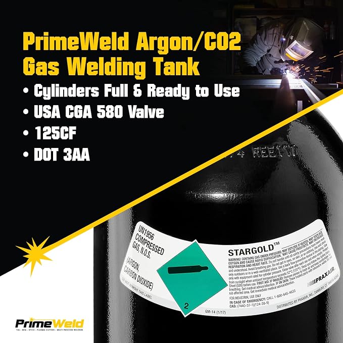 PrimeWeld 75% Argon 25% CO2 Bottle 125CF | DOT 3AA | USA CGA 580 Valve | Best - Image 2