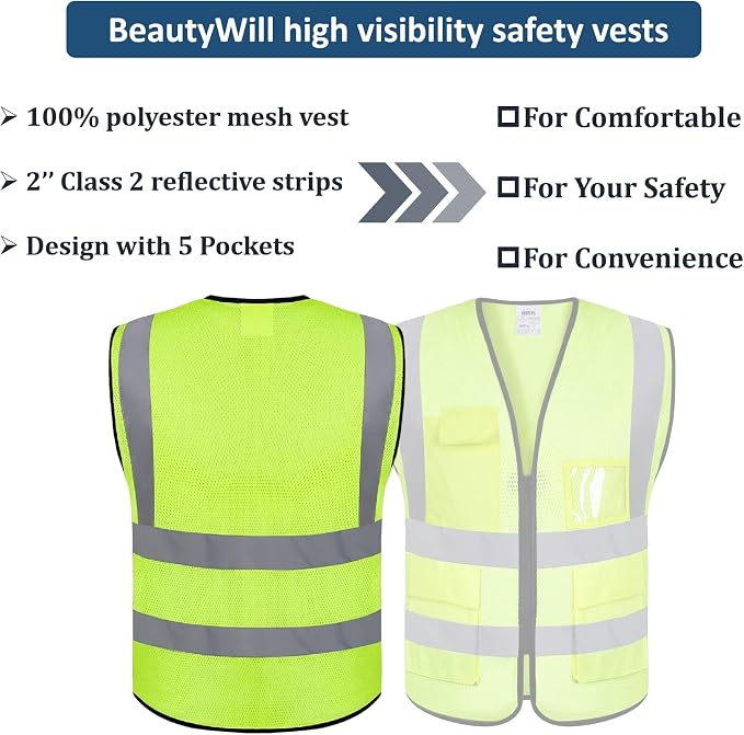 BeautyWill Custom Logo 10/20 Pack Safety Vest Class2 High Visibility Vest - Image 2
