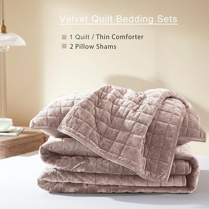 LEAONME Velvet Quilt California King-118''x106'', Lightweight Dusty Pink - Image 5