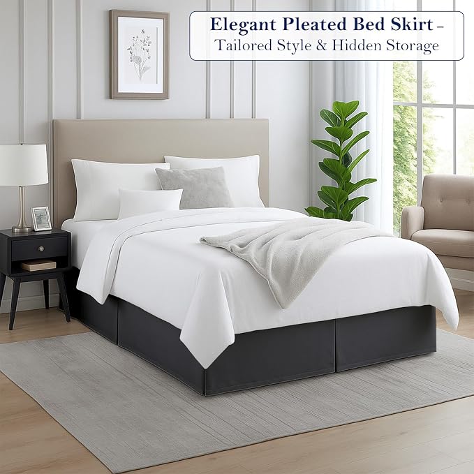 Twin Bed Skirt, Luxury 16 Inch Drop Dark Grey Pleated Bed Skirt, Double Brushed - Image 2
