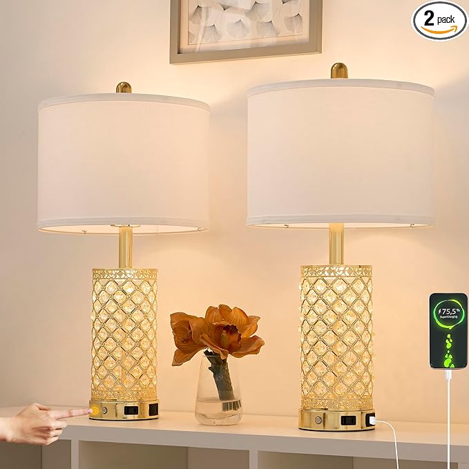 Crystal Table Lamp Set of 2-24in Gold Bedroom Lamps 3-Way Dimmable Touch Lamp by SAIWEYA