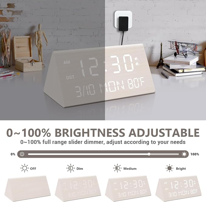 Kogonee Wooden Digital Alarm Clock, 0-100% Dimmer, 2 Alarm Settings, - Image 3