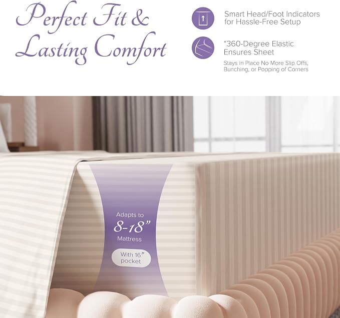 Carressa Linen Luxury Egyptian Cotton Queen Stripe Sheet Set, 600 Thread Count - Image 5
