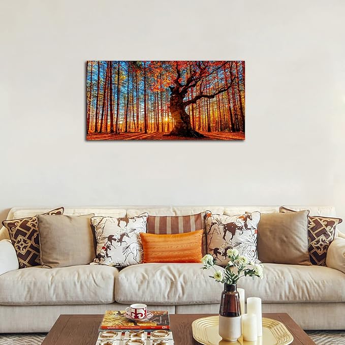 Yearainn Large Canvas Wall Art Forest Sunset Canvas Pictures Red Leaf Trees - Image 4