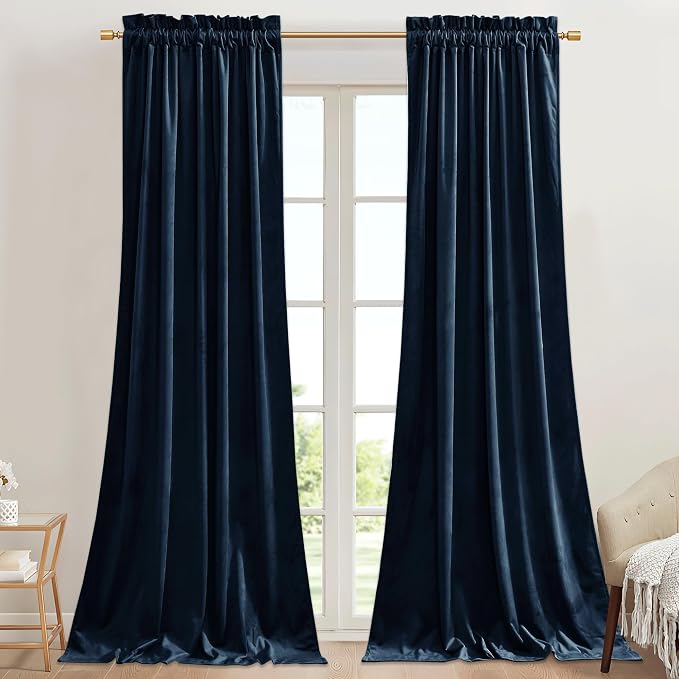 StangH Rod Pocket Velvet Curtains 90 inches Long Navy Blue Blackout Thermal by StangH