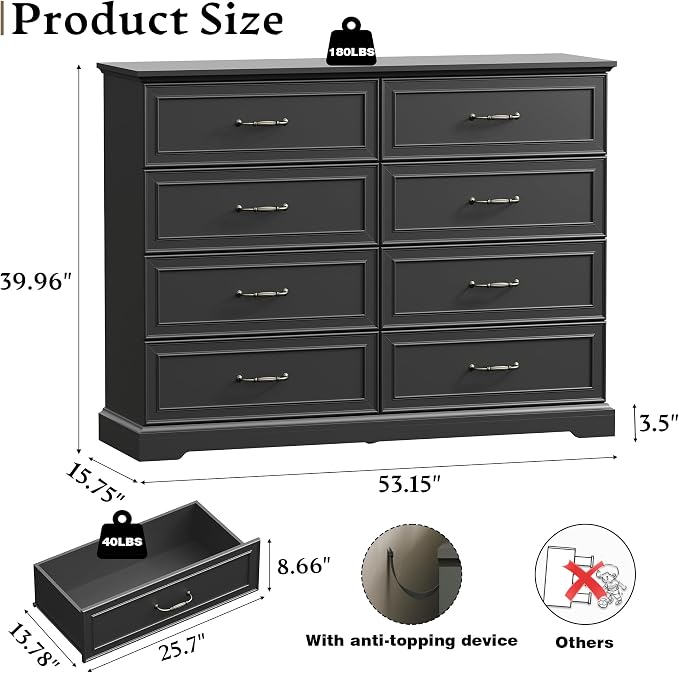 Farmhouse 8 Drawers Dresser for Bedroom, Rustic Wood Dresser TV Stand, Wooden - Image 2
