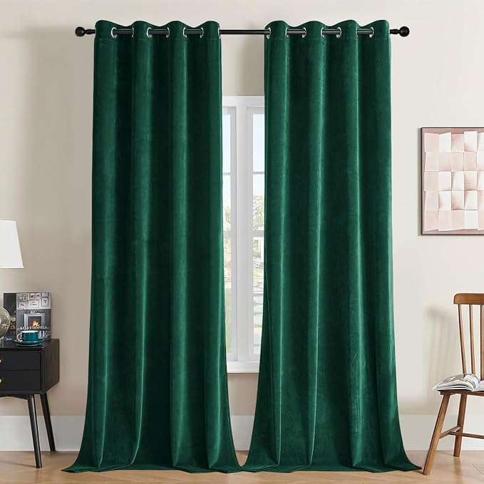 Joydeco Dark Green Velvet Curtains 96 Inches Long, Luxury Grommet Blackout by JOYDECO