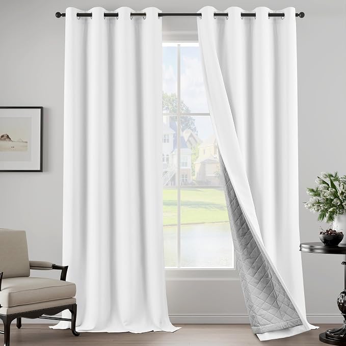 White 100% Blackout Curtains 3-in-1 Heavy Soundproof Curtains Thermal Insulated - Image 9