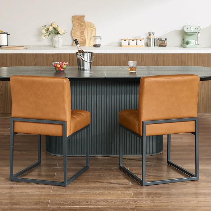 Brown Faux Leather Dining Chairs Set of 2, Mid-Century Modern Dining Room Chairs - Image 5