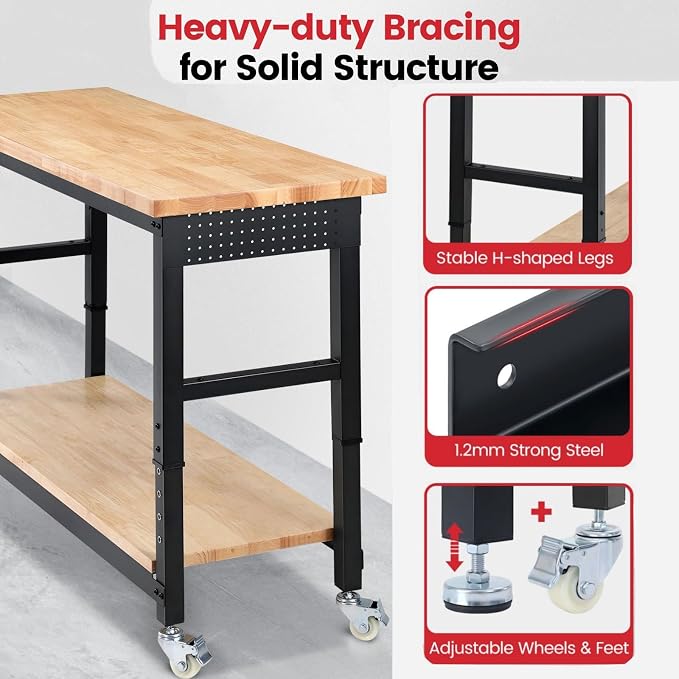 Workbench for Garage with Wheels 60 x 22 Inch Heavy Duty Rubberwood Tabletop - Image 6