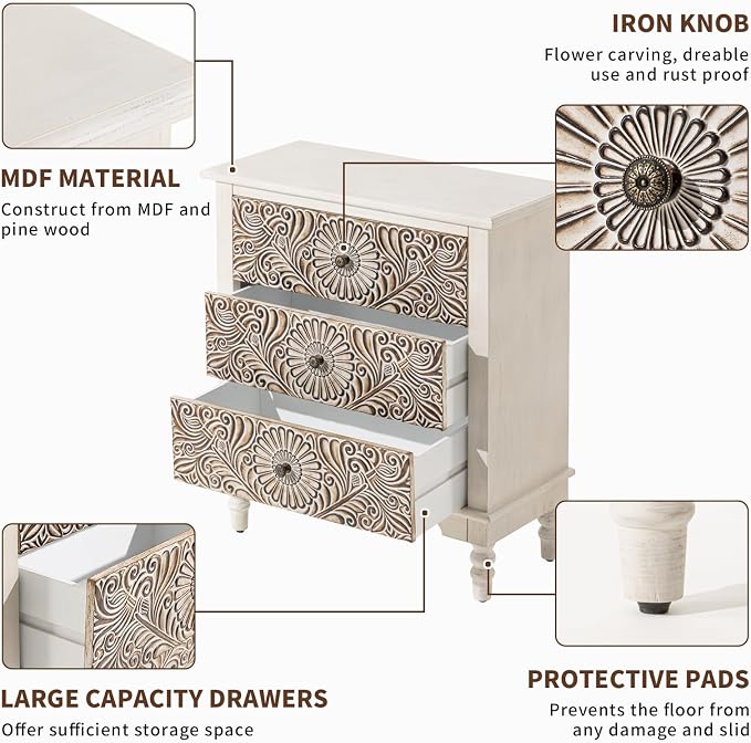 COSIEST Bedside Table Set of 2, Wood Nightstand 3 Drawers, Farmhouse End Table - Image 5