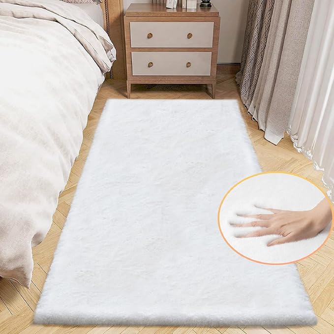 White Washable Furry Area Rug Runner Faux Bunny Fuzzy Fur Rugs by ORINOVA